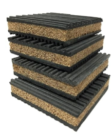 Flat pads with three different layers. The bottom layer is rubber, the middle layer is cork, and the top layer is rubber.