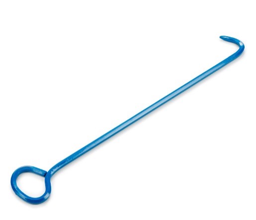 A blue metal hook with a loop on one end.