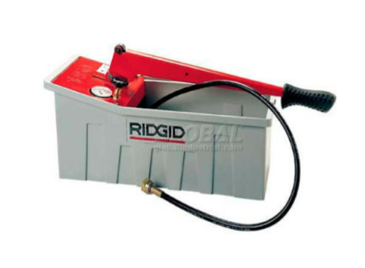 The pump has a large grey box, a black hose, a red interface on top of the box which has a pressure gauge, and a handle to pump it by hand.