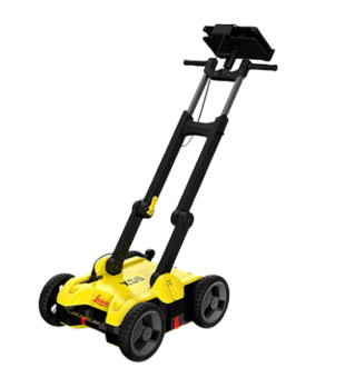 The ground-penetrating radar has a box with four wheels and a handle to push it along. Attached to the handle is the interface.