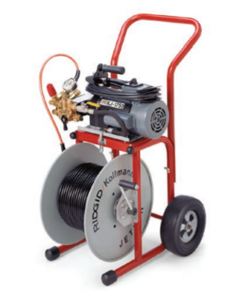 A trolley that is equipped with a pump, a pressure gauge, and a large bobbin of hose. The bobbin has a hand crank which winds or unwinds the hose.