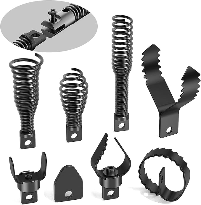8 examples of different drain snake attachable heads. Three have variations on a spring coil, three have variations on a two-prong head, one is a metal coil, and one is a blunt arrow. Each have a hole at the bottom which attaches to the drain snake via a screw.