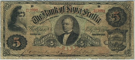 1881 $5 bill from the Bank of Nova Scotia.