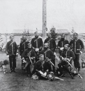 Members of the North West Mounted Police detachment at Fort Walsh in 1878, photographed by Auderton George. Wearing hats that were designed to keep the sun in their eyes and the rain streaming into their faces. https://commons.wikimedia.org/wiki/File:Police_Fort_Walsh_1878.jpg