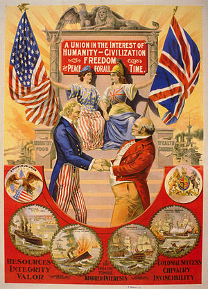 A poster depicting an alliance between the US and the UK. Long description available.