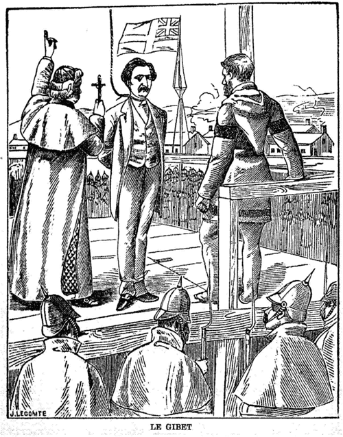 Cartoon of the hanging of Louis Riel.