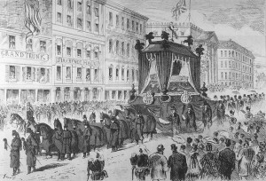 Artistic rendering of an extravagant funeral procession in a city street