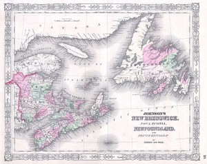 An 1864 map of the Atlantic colonies (less Labrador). Geography and sealanes pulled them in many directions, including into the Gulf of the St. Lawrence. (Alvin Jewett Johnson, 1827-1884) https://commons.wikimedia.org/wiki/File:1864_Johnson%27s_Map_of_New_Brunswick,_Nova_Scotia_and_Newfoundland_(Canada)_-_Geographicus_-_NewBrunswick-j-1864.jpg