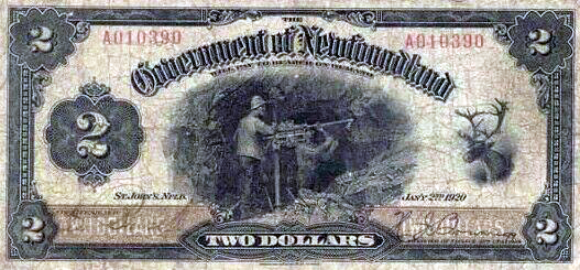 Newfoundland $2 bill. It features miners and a caribou.