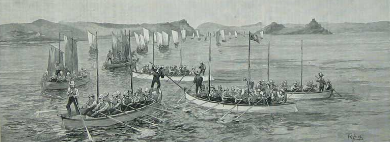 A fleet of canoes full of soldiers floats down the Nile.
