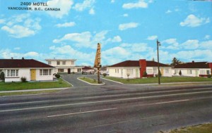 Motor hotels – or 'motels' – were part of the commercial infrastructure of the new tourism and car culture. Built in 1946 in south Vancouver, the 2400 Motel is a distinctive, bungalow-style structure, but motels were found along major corridors across North America.