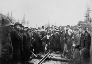 Driving home the last spike of the CPR,7 November 1885. Photographer: Ross, Alexander, Best &amp; Co., Winnipeg.