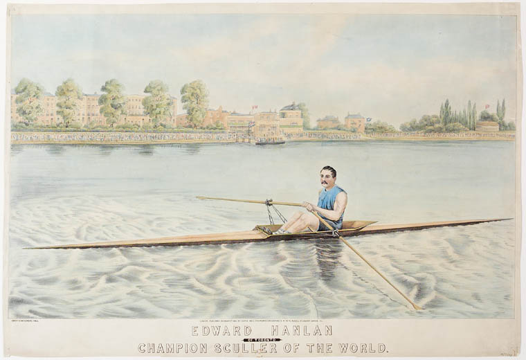 A drawing of a man rowing a one-man boat down a river. In the distance, people gather on the bank.
