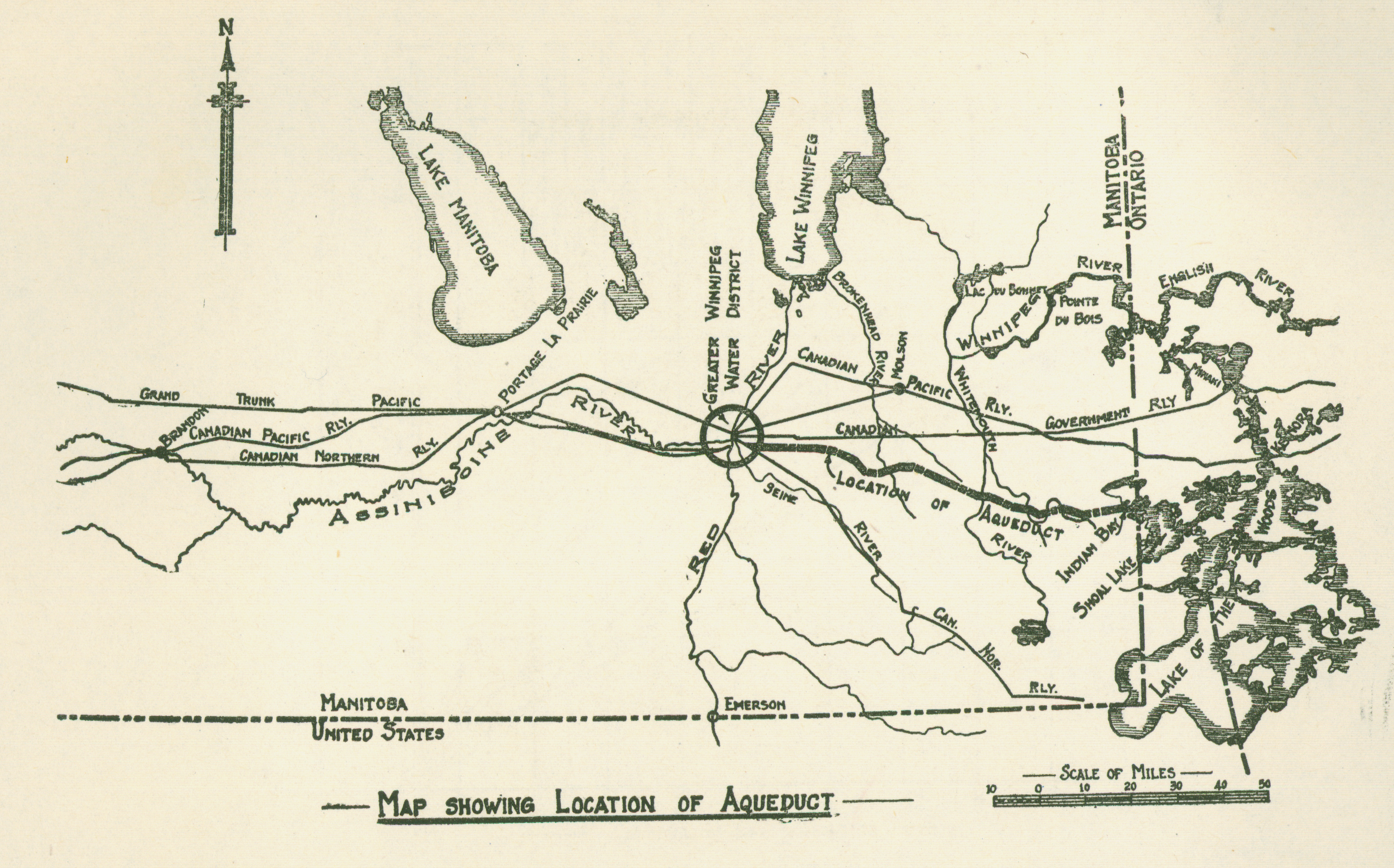 Map showing a sprawl of roads and railways advancing from Winnipeg.