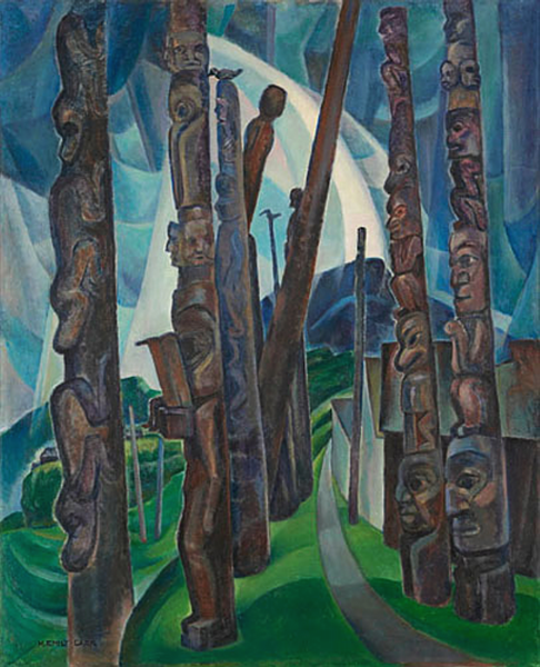 Painting of several tall, thin totem poles.