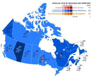 Colour the nation blue. The Progressive Conservatives in 1984 were the first in the post-war era to dominate in every region. (Lokal_Profil, 2009, https://commons.wikimedia.org/wiki/File:Canada_1984_Federal_Election.svg