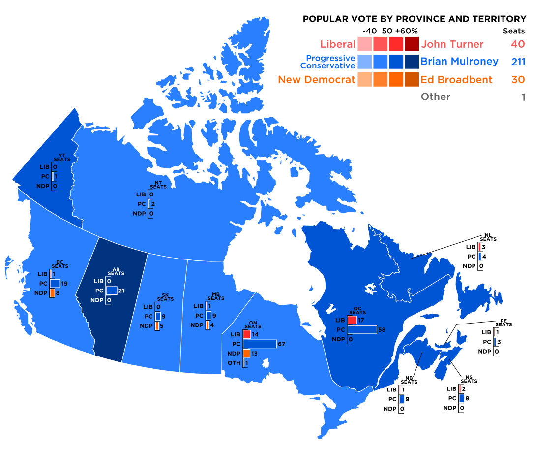 Results of the 1984 Canadian federal election. Long description available.
