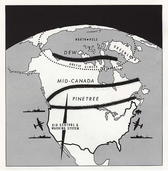 Map showing the Arctic DEW Line, the Mid-Canada line, and the Pinetree Line on the 49th parallel.
