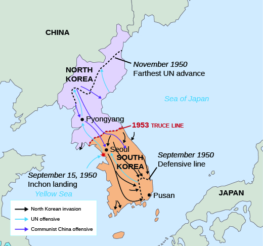 Map showing offensives and borders during the Korean War.