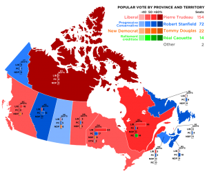 Even at the high point of Trudeaumania, the popularity of the Liberal Party was far from universal. (Source: Lokal_Profil, https://commons.wikimedia.org/wiki/File:Canada_1968_Federal_Election.svg)