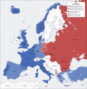 NATO and NATO-aligned nations (in blue) square off against the Warsaw Pact nations (in red, of course). (Boundless, U.S.History: The Cold War, https://www.boundless.com/u-s-history/textbooks/boundless-u-s-history-textbook/the-cold-war-1947-1991-27/the-cold-war-211/north-atlantic-treaty-organization-nato-1173-11110/)