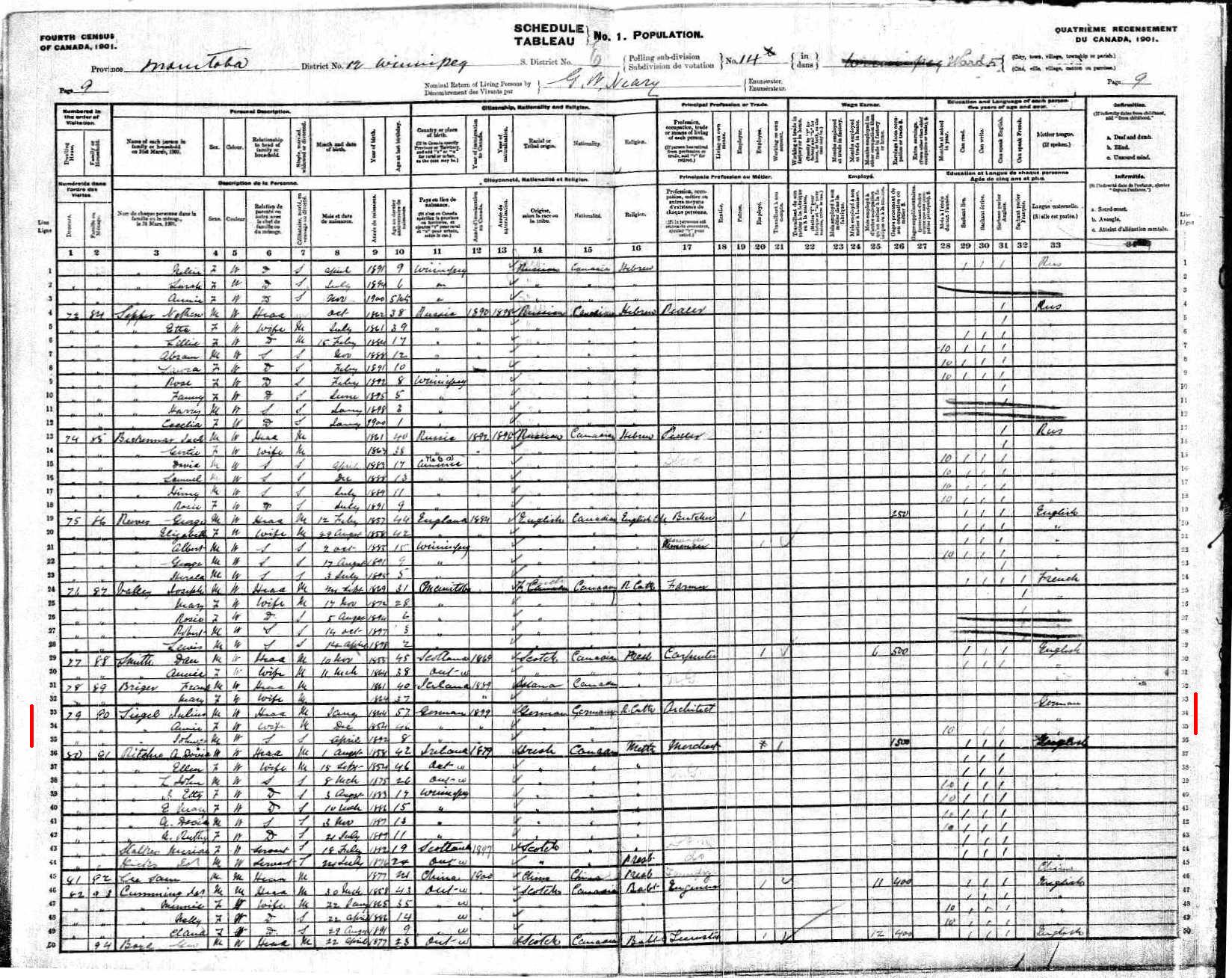 A ledger from the 1901 census in Winnipeg.