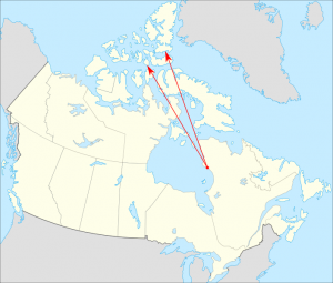 In 1953, at the start of the Cold War, Inuit communities were relocated from Inukjuak to Resolute Bay (left arrow) and Grise Fiord (right) to act as "human flagpoles" for Canadian sovereignty in the high Arctic. https://commons.wikimedia.org/wiki/File:Can_high_arctic_relocation.svg