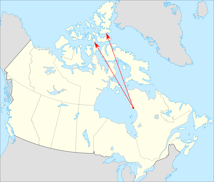 Arrows point from northern Quebec to remote islands in Nunavut.