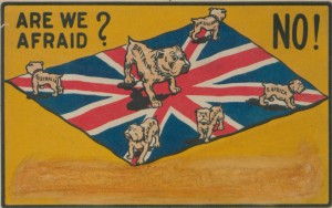 "Are we Afraid? NO!" A 1915 cartoon captures the spirit of the Imperial war and the Canadian Imperialists' view of the larger world. (Canadian Copyright Collection, Picturing Canada Project, British Library) https://commons.wikimedia.org/wiki/File:Are_we_Afraid%3F_NO!_(cartoon)_(HS85-10-29954).jpg