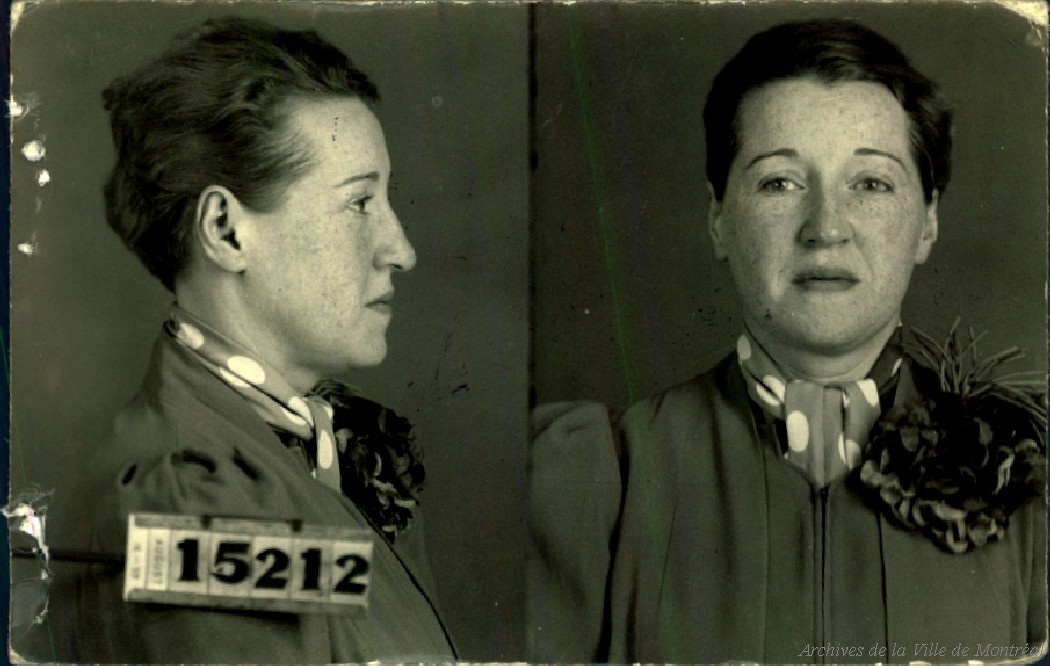 Mug shots of a woman wearing a polka dot scarf. Her face is freckled and her hair is neat.