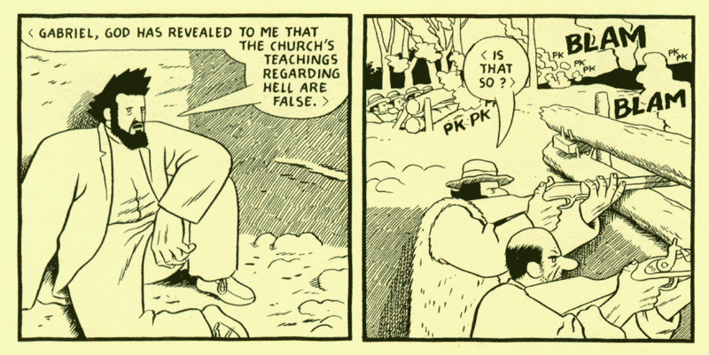 Comic strip of Louis Riel and Gabriel. Long description available.