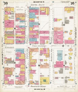 A coloured map of Calgary's buildings.