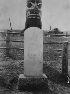 State and church combined to end Aboriginal cultural practices. Ceremonies were targeted, as were burial and mourning practices. By 1907 memorial poles were combined with headstones at Kitwanga as new forms are adopted while older ones persist. Credit: Library and Archives Canada