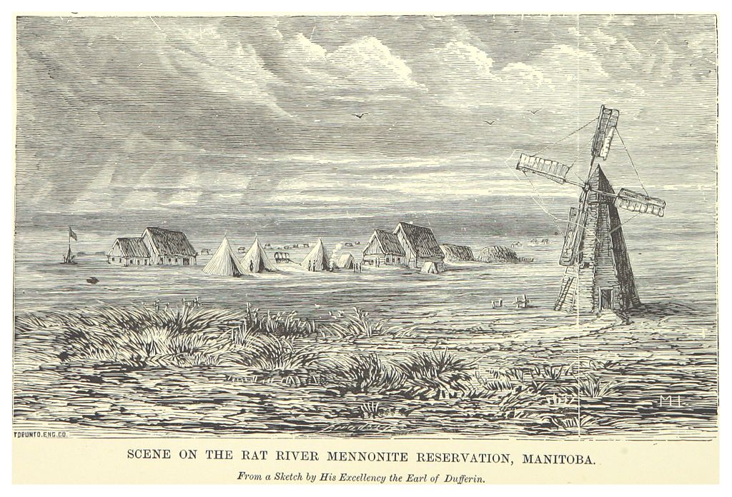 Sketch of a windmill near a prairie settlement