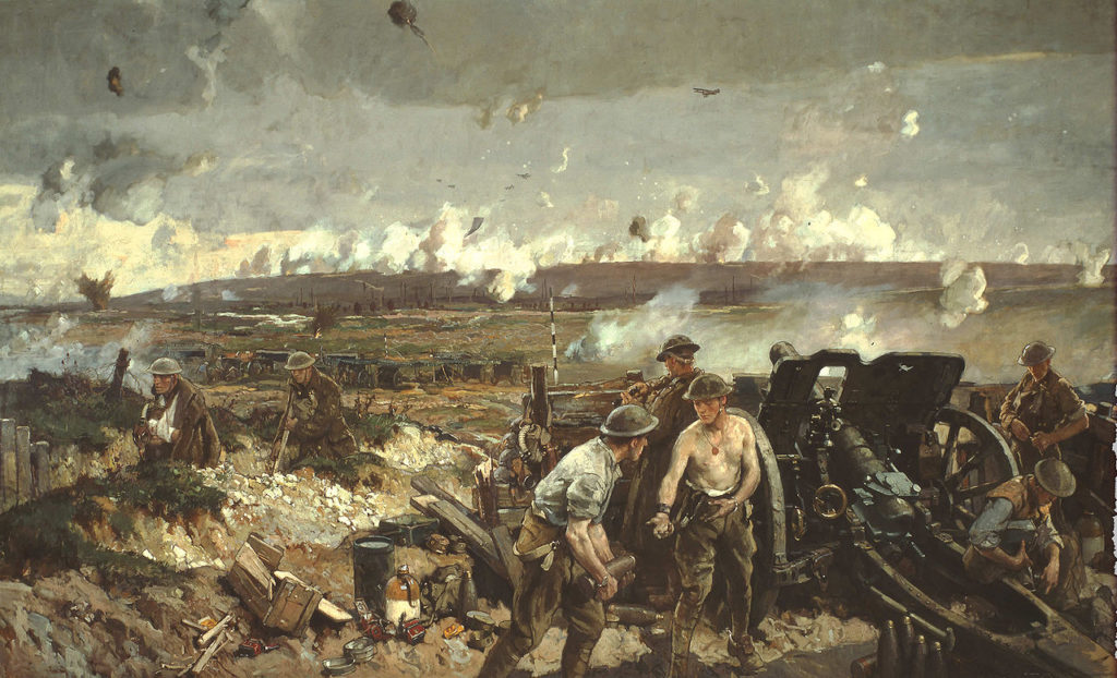 Oil painting of soldiers with domed helmets. Smoke is in the distance. Injured soldiers retreat.