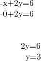 \begin{array}{}\\ -x+2y=6\\ -0+2y=6\\ \\ \\ \phantom{\rule{2.4em}{0ex}}2y=6\\ \phantom{\rule{3em}{0ex}}y=3\end{array}