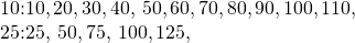 Rendered by QuickLaTeX.com \begin{array}{c}10\text{:}10,20,30,40,\phantom{\rule{0.2em}{0ex}}50,60,70,80,90,100,110,\text{…}\hfill \\ 25\text{:}25,\phantom{\rule{0.2em}{0ex}}50,75,\phantom{\rule{0.2em}{0ex}}100,125,\text{…}\hfill \end{array}