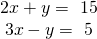 Rendered by QuickLaTeX.com \begin{array}{c}2x+y=\text{ }15\\ 3x-y=\text{ }5\end{array}