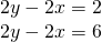Rendered by QuickLaTeX.com \begin{array}{l}2y-2x=2\\ 2y-2x=6\end{array}