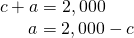 Rendered by QuickLaTeX.com \begin{array}{c}c+a=2,000\\ \text{\hspace{0.17em}}\text{\hspace{0.17em}}\text{\hspace{0.17em}}\text{\hspace{0.17em}}\text{\hspace{0.17em}}\text{\hspace{0.17em}}\text{\hspace{0.17em}}\text{\hspace{0.17em}}\text{\hspace{0.17em}}\text{\hspace{0.17em}}\text{\hspace{0.17em}}\text{\hspace{0.17em}}\text{\hspace{0.17em}}\text{\hspace{0.17em}}\text{\hspace{0.17em}}\text{\hspace{0.17em}}\text{\hspace{0.17em}}\text{\hspace{0.17em}}\text{\hspace{0.17em}}a=2,000-c\end{array}