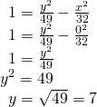 \begin{array}{l}\text{\hspace{0.17em}}\text{\hspace{0.17em}}\text{\hspace{0.17em}}1=\frac{{y}^{2}}{49}-\frac{{x}^{2}}{32}\hfill \\ \text{\hspace{0.17em}}\text{\hspace{0.17em}}\text{\hspace{0.17em}}1=\frac{{y}^{2}}{49}-\frac{{0}^{2}}{32}\hfill \\ \text{\hspace{0.17em}}\text{\hspace{0.17em}}\text{\hspace{0.17em}}1=\frac{{y}^{2}}{49}\hfill \\ {y}^{2}=49\hfill \\ \text{\hspace{0.17em}}\text{\hspace{0.17em}}\text{\hspace{0.17em}}y=±\sqrt{49}=±7\hfill \end{array}