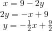 Rendered by QuickLaTeX.com \begin{array}{l}\text{ }x=9-2y\hfill \\ 2y=-x+9\hfill \\ \text{ }y=-\frac{1}{2}x+\frac{9}{2}\hfill \end{array}
