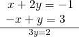 Rendered by QuickLaTeX.com \frac{\begin{array}{l}\hfill \\ \text{\hspace{0.17em}}x+2y=-1\hfill \\ -x+y=3\hfill \end{array}}{\text{}\text{}\text{}\text{}\text{}3y=2}