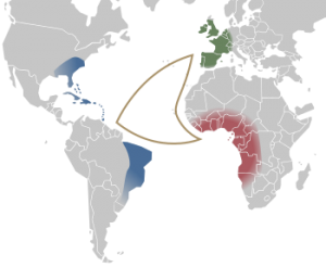 A circle of trade from Europe to Africa to South America and the United States and back to Europe