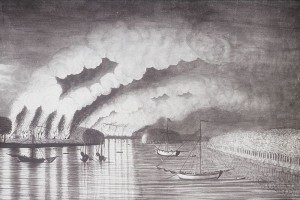 A painting of the city of Grymross on fire.