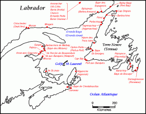 A map marking Basque fisheries in the Gulf of St. Lawrence.