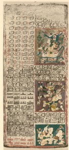 A faded parchment with rows of symbols and three pictures depicting people.