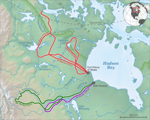 The routes of Henry Kelsey, Alexander Henday, and Samuel Hearne took on their respective voyages.