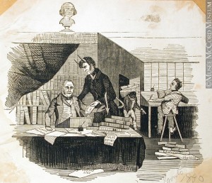 A man wearing devil horns leans over a newspaper editor and hands him a paper that says, “More lies”