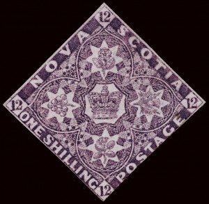 A square stamp with drawings of four different plants and a crown in the centre.